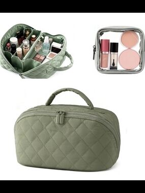 Quilted Olive Green Women's Cosmetic Travel Bag